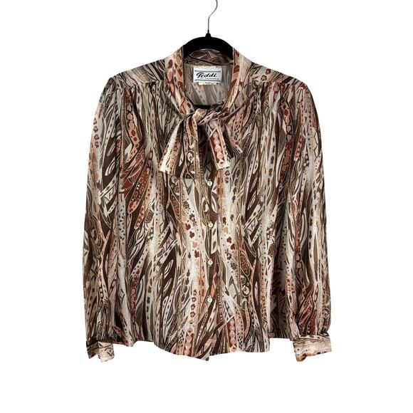Vintage Teddi of California Blouse Scarf Collar Brown Art Print 80s Women's 10 - Picture 1 of 7